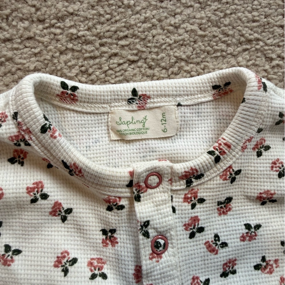 Sapling Child Floral Rose Print Matching Set 9-12M White Pink Organic Cotton - Picture 2 of 2